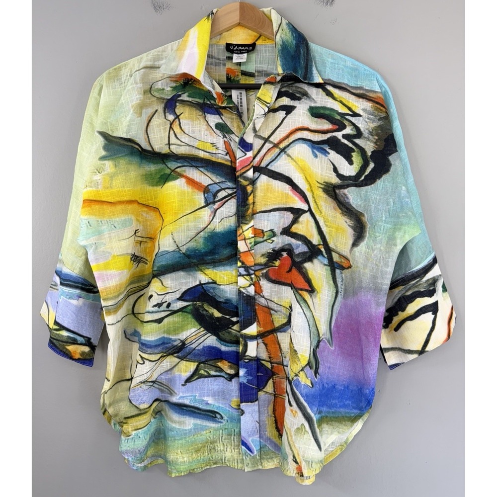 Dilemma Art To Wear Top Shirt Women's One Size Button Up Abstract Paint Art NWT